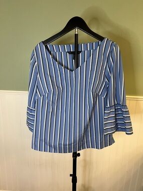 White House Black Market Blue and White Vertical Stripe V-Neck Bell Sleeve Top